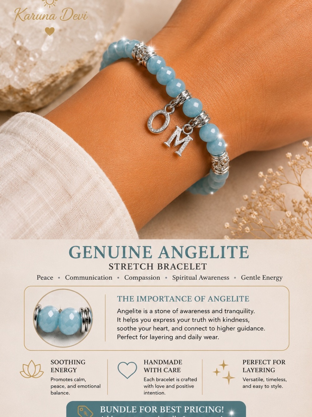 2 for $30 Angelite Genuine Stone Bracelet with Silver OM